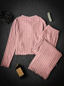 SHEIN 女童兩件式抓絨V領長袖睡衣套裝，適合秋季、冬季、萬聖節與聖誕派對 - 粉色 - 查看 2