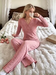SHEIN 女童兩件式抓絨V領長袖睡衣套裝，適合秋季、冬季、萬聖節與聖誕派對 - 粉色 - 查看 7