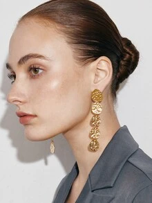 Ashenrae 1pair Fashionable Minimalist European & American Style Asymmetrical Classic Geometric Texture Versatile Personalized Dangle Earrings - Gold - View 1