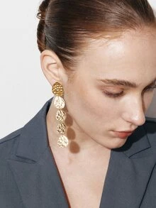 Ashenrae 1pair Fashionable Minimalist European & American Style Asymmetrical Classic Geometric Texture Versatile Personalized Dangle Earrings - Gold - View 5