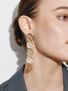 Ashenrae 1pair Fashionable Minimalist European & American Style Asymmetrical Classic Geometric Texture Versatile Personalized Dangle Earrings - Gold - View 6