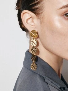 Ashenrae 1pair Fashionable Minimalist European & American Style Asymmetrical Classic Geometric Texture Versatile Personalized Dangle Earrings - Gold - View 3