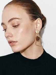 Ashenrae 1pair Stylish Asymmetrical Geometric Design Dangle Earrings With Resin Drop And Splice Colors, Four Seasons New Fashion Jewelry - Gold - View 3
