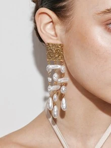 Ashenrae Vintage European Asymmetrical Pearl Tassel Long Earrings, Women's Fashion Party Jewelry, Versatile For Daily Wear - Geometric Pearl Tassels - View 5