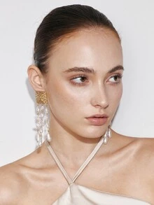 Ashenrae Vintage European Asymmetrical Pearl Tassel Long Earrings, Women's Fashion Party Jewelry, Versatile For Daily Wear - Geometric Pearl Tassels - View 4