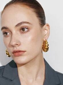 Ashenrae 1 Pair Of Fashionable Thick Metallic Finish Round Hoop Earrings For Women, All-Season Jewelry - Gold - View 4