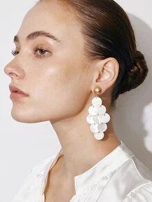 Ashenrae 1 Pair Of Vintage-Style Matte Gold Round & White Shell Teardrop Tassel Earrings – Elegant Dangle Earrings - Yellow Gold - View 5