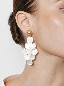 Ashenrae 1 Pair Of Vintage-Style Matte Gold Round & White Shell Teardrop Tassel Earrings – Elegant Dangle Earrings - Yellow Gold - View 1
