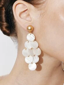 Ashenrae 1 Pair Of Vintage-Style Matte Gold Round & White Shell Teardrop Tassel Earrings – Elegant Dangle Earrings - Yellow Gold - View 4