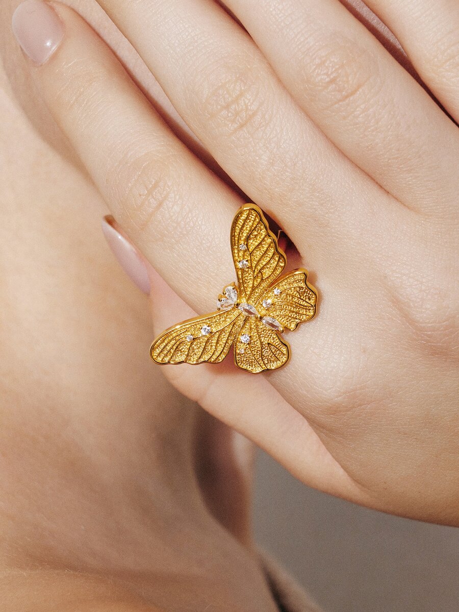 Ashenrae 1pc Butterfly Ring Heavy Industrial Brushed Spiky Diamond Ring - Butterfly - View 1