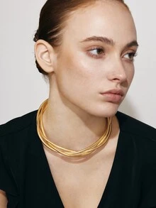 Ashenrae 1pc Fashion Punk Exaggerated Metal Multilayer Twisted Rope Choker Necklace (Minor Defects Such As Scratches Are Normal And Unavoidable) - Gold - View 2