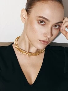 Ashenrae 1pc Fashion Punk Exaggerated Metal Multilayer Twisted Rope Choker Necklace (Minor Defects Such As Scratches Are Normal And Unavoidable) - Gold - View 4