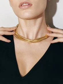 Ashenrae 1pc Fashion Punk Exaggerated Metal Multilayer Twisted Rope Choker Necklace (Minor Defects Such As Scratches Are Normal And Unavoidable) - Gold - View 6
