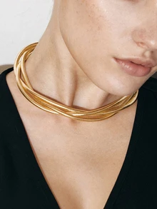 Ashenrae 1pc Fashion Punk Exaggerated Metal Multilayer Twisted Rope Choker Necklace (Minor Defects Such As Scratches Are Normal And Unavoidable) - Gold - View 1