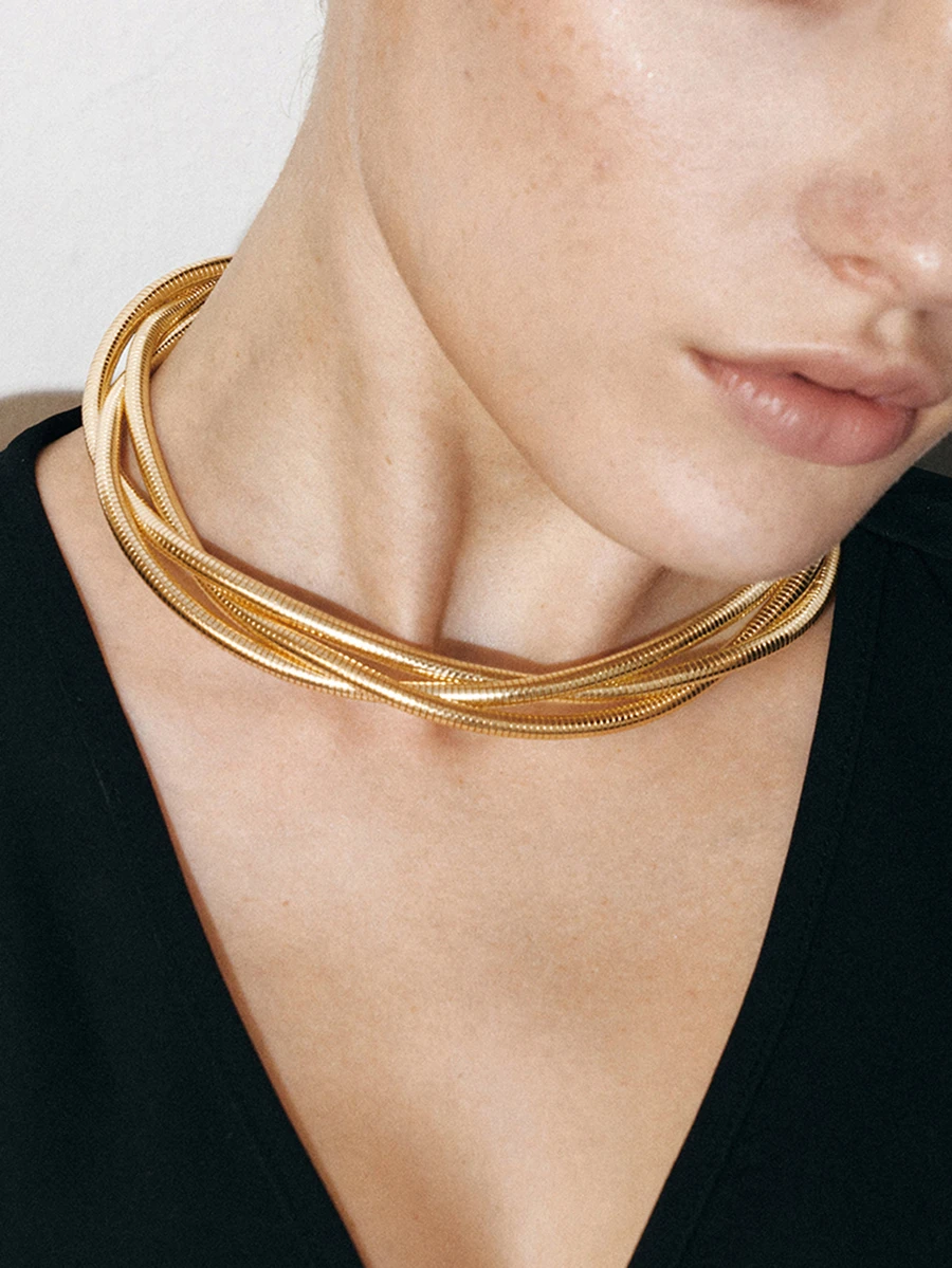 Ashenrae 1pc Fashion Punk Exaggerated Metal Multilayer Twisted Rope Choker Necklace (Minor Defects Such As Scratches Are Normal And Unavoidable) - Gold - View 1
