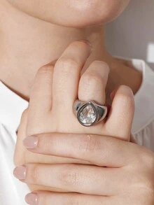 Ashenrae 1pc Exaggerated Waterdrop Zirconia Stainless Steel Ring, Fashionable Women's Daily Wear Jewelry Gift - Teardrop Zirconia Ring - View 6