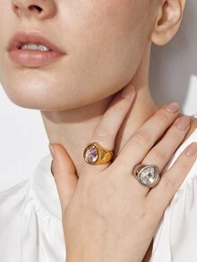 Ashenrae 1pc Exaggerated Waterdrop Zirconia Stainless Steel Ring, Fashionable Women's Daily Wear Jewelry Gift - Teardrop Zirconia Ring - View 3