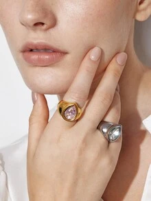 Ashenrae 1pc Exaggerated Waterdrop Zirconia Stainless Steel Ring, Fashionable Women's Daily Wear Jewelry Gift - Teardrop Zirconia Ring - View 1