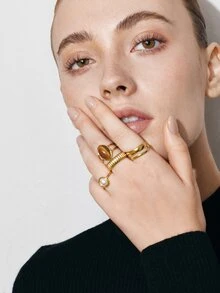 Ashenrae 4pcs Fashion Vintage Stainless Steel Gold-Plated Old Money Style Geometric Oval Line Rings Set Suitable For Women's Daily Wear - Yellow Gold - View 6
