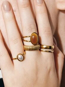 Ashenrae 4pcs Fashion Vintage Stainless Steel Gold-Plated Old Money Style Geometric Oval Line Rings Set Suitable For Women's Daily Wear - Yellow Gold - View 7