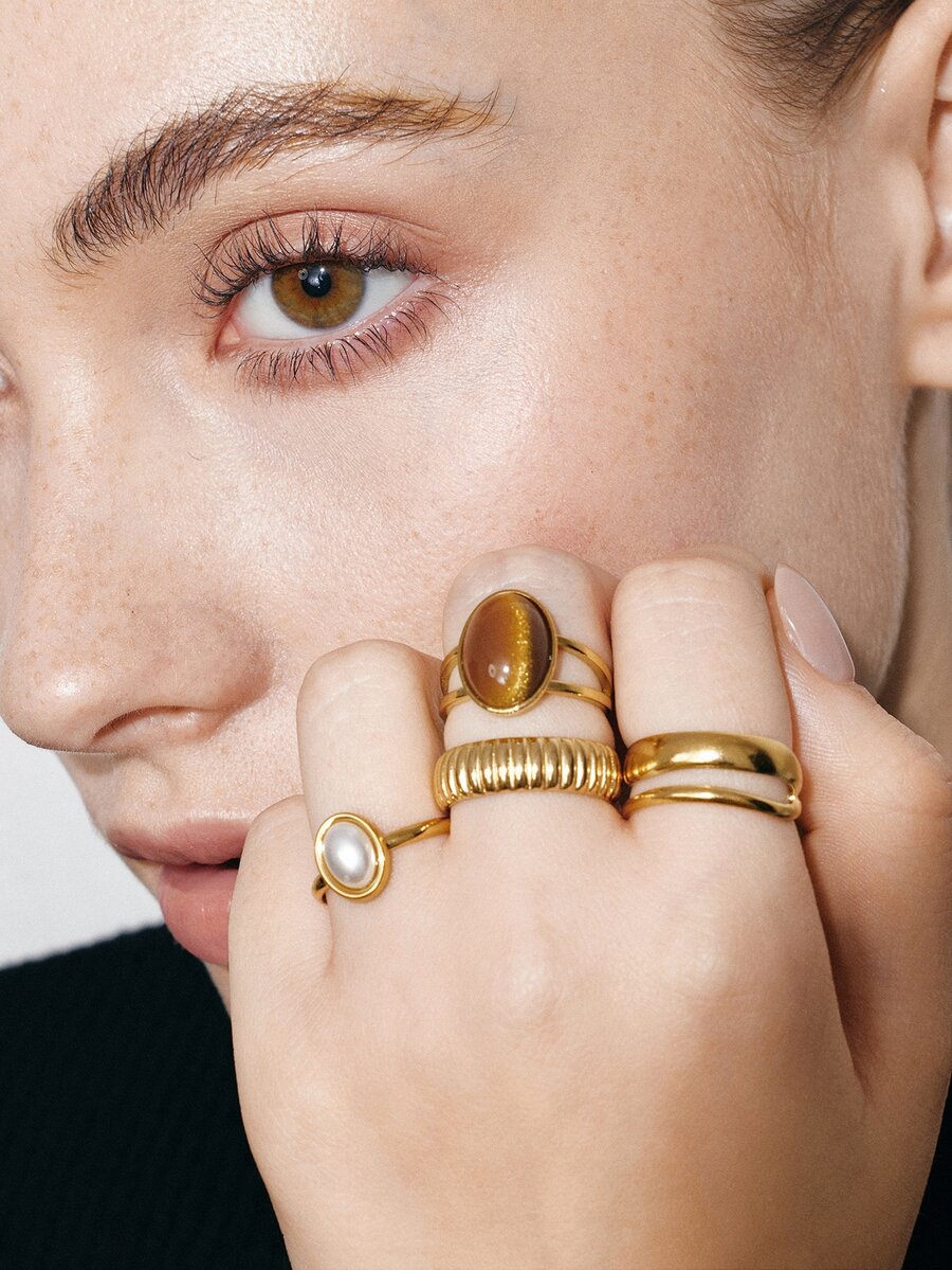 Ashenrae 4pcs Fashion Vintage Stainless Steel Gold-Plated Old Money Style Geometric Oval Line Rings Set Suitable For Women's Daily Wear - Yellow Gold - View 1