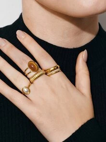 Ashenrae 4pcs Fashion Vintage Stainless Steel Gold-Plated Old Money Style Geometric Oval Line Rings Set Suitable For Women's Daily Wear - Yellow Gold - View 5