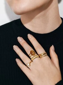 Ashenrae 4pcs Fashion Vintage Stainless Steel Gold-Plated Old Money Style Geometric Oval Line Rings Set Suitable For Women's Daily Wear - Yellow Gold - View 4