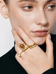 Ashenrae 4pcs Fashion Vintage Stainless Steel Gold-Plated Old Money Style Geometric Oval Line Rings Set Suitable For Women's Daily Wear - Yellow Gold - View 2