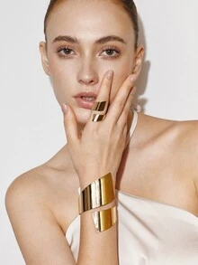 Ashenrae 1 Bracelet & 1 Geometric Shaped Alloy Ring Set - Yellow Gold - View 2