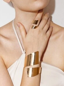 Ashenrae 1 Bracelet & 1 Geometric Shaped Alloy Ring Set - Yellow Gold - View 1