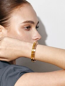 Ashenrae 1pc Minimalist 18K Gold Plated Stainless Steel Bracelet With Semi-Circular Decor, Unisex Jewelry Accessory - Hemispherical Decoration - View 2