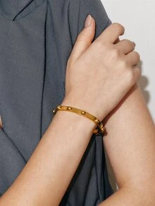 Ashenrae 1pc Minimalist 18K Gold Plated Stainless Steel Bracelet With Semi-Circular Decor, Unisex Jewelry Accessory - Hemispherical Decoration - View 9