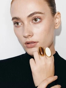 Ashenrae 2pcs 18K Gold Plated Stainless Steel Ring Set, Oval Brown Tiger Eye Stone And Milky White Stone Rings, Exaggerated And Elegant - Yellow Gold - View 2