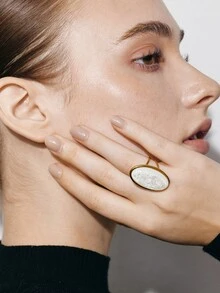 Ashenrae 2pcs 18K Gold Plated Stainless Steel Ring Set, Oval Brown Tiger Eye Stone And Milky White Stone Rings, Exaggerated And Elegant - Yellow Gold - View 5