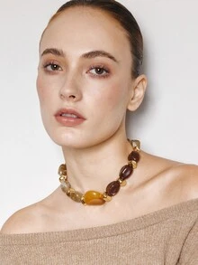 Ashenrae 1pc Fashionable Vintage Exaggerated Bohemian Style Thick Brown Acrylic Beaded Necklace For Women - Multicolor a - View 5