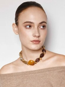 Ashenrae 1pc Fashionable Vintage Exaggerated Bohemian Style Thick Brown Acrylic Beaded Necklace For Women - Multicolor a - View 2