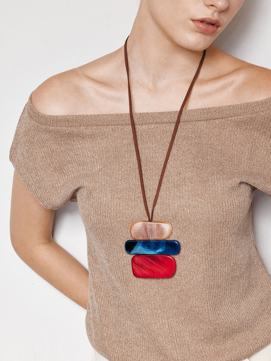 Ashenrae 1pc Bohemian Style Long Pendant Necklace, Vintage Minimalist High-End Geometric Sweater Chain Accessory For Women - Red - View 1