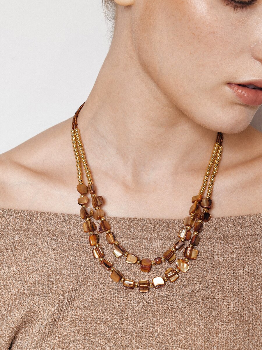Ashenrae 1pc Bohemian Natural Stone & Shell Double Layered Necklace - multi-layered necklace - View 1