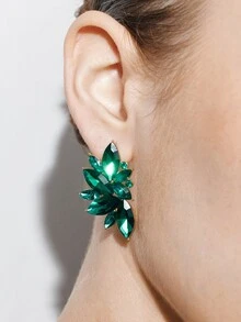 Ashenrae 1pair Alloy Fan-Shaped Earrings Studded With Glass Rhinestone, Classic And Elegant Design - Green - View 1