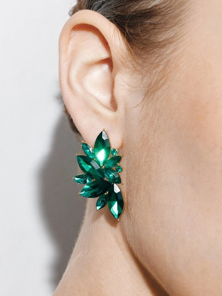 Ashenrae 1pair Alloy Fan-Shaped Earrings Studded With Glass Rhinestone, Classic And Elegant Design - Green - View 1
