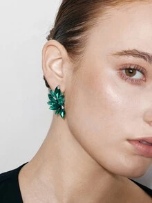 Ashenrae 1pair Alloy Fan-Shaped Earrings Studded With Glass Rhinestone, Classic And Elegant Design - Green - View 6