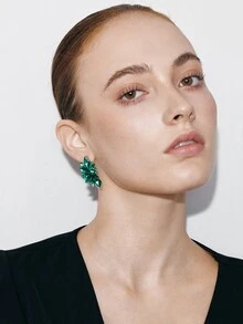 Ashenrae 1pair Alloy Fan-Shaped Earrings Studded With Glass Rhinestone, Classic And Elegant Design - Green - View 5