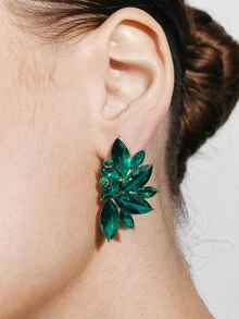 Ashenrae 1pair Alloy Fan-Shaped Earrings Studded With Glass Rhinestone, Classic And Elegant Design - Green - View 4