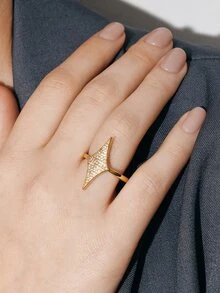 Ashenrae 1pc Elegant Personalized Four-Pointed Star Shaped Cubic Zirconia Inlaid Women Fashion Ring - Multicolor - View 8
