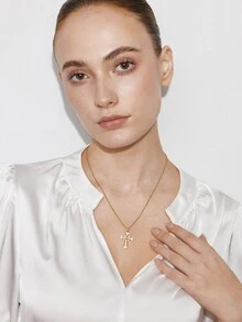 Ashenrae 1pc Luxurious & Fashionable Copper Cross Pendant Necklace Embellished With Zirconia, Dating Gift - Yellow Gold - View 2
