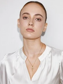 Ashenrae 1pc Luxurious & Fashionable Copper Cross Pendant Necklace Embellished With Zirconia, Dating Gift - Yellow Gold - View 6