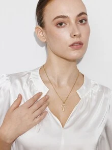Ashenrae 1pc Luxurious & Fashionable Copper Cross Pendant Necklace Embellished With Zirconia, Dating Gift - Yellow Gold - View 4