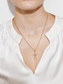 Ashenrae 1pc Luxurious & Fashionable Copper Cross Pendant Necklace Embellished With Zirconia, Dating Gift - Yellow Gold - View 1
