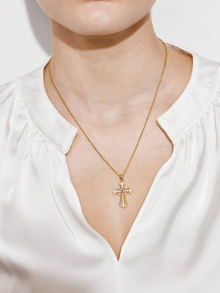 Ashenrae 1pc Luxurious & Fashionable Copper Cross Pendant Necklace Embellished With Zirconia, Dating Gift - Yellow Gold - View 1
