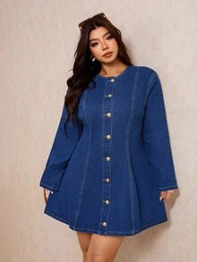 Elaquor 大尺碼女款長袖單排扣休閒牛仔洋裝，休閒優雅夏季穿搭，適合女性，優雅洋裝，度假可愛派對風 - 藍色 - 查看 6